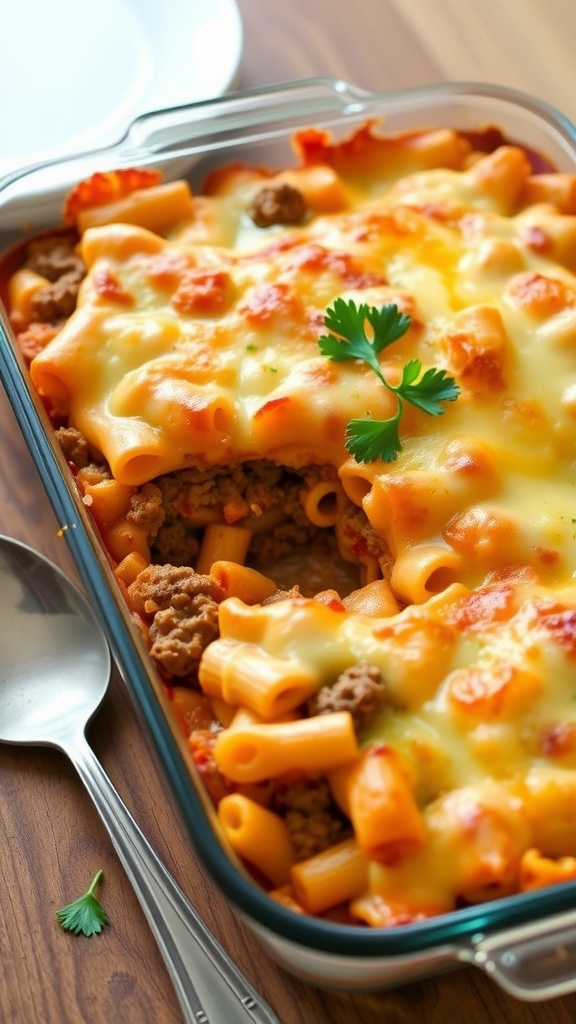A hearty 80s lunch lady casserole with pasta, beef, and cheese, garnished with parsley on a rustic table.